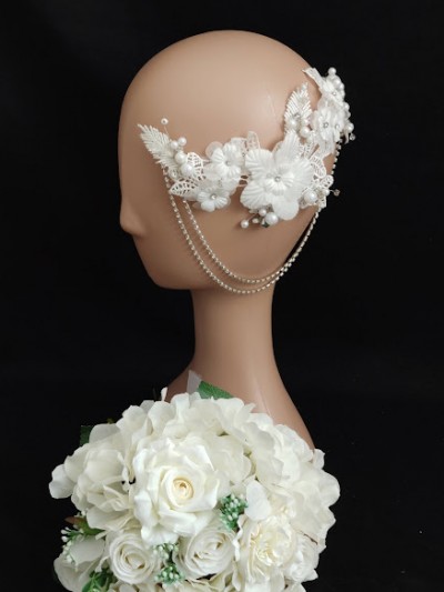 Beyaz Dantel İncili Saç Aksesuarı